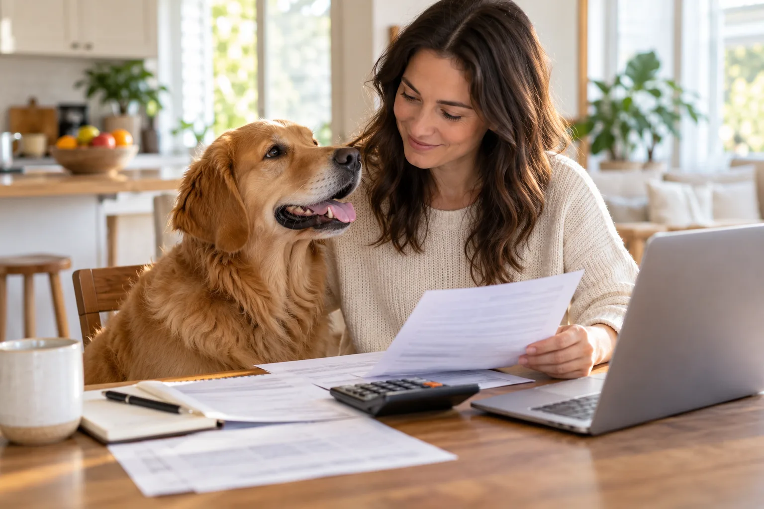 Owner reviewing papers at home beside a golden-colored dog