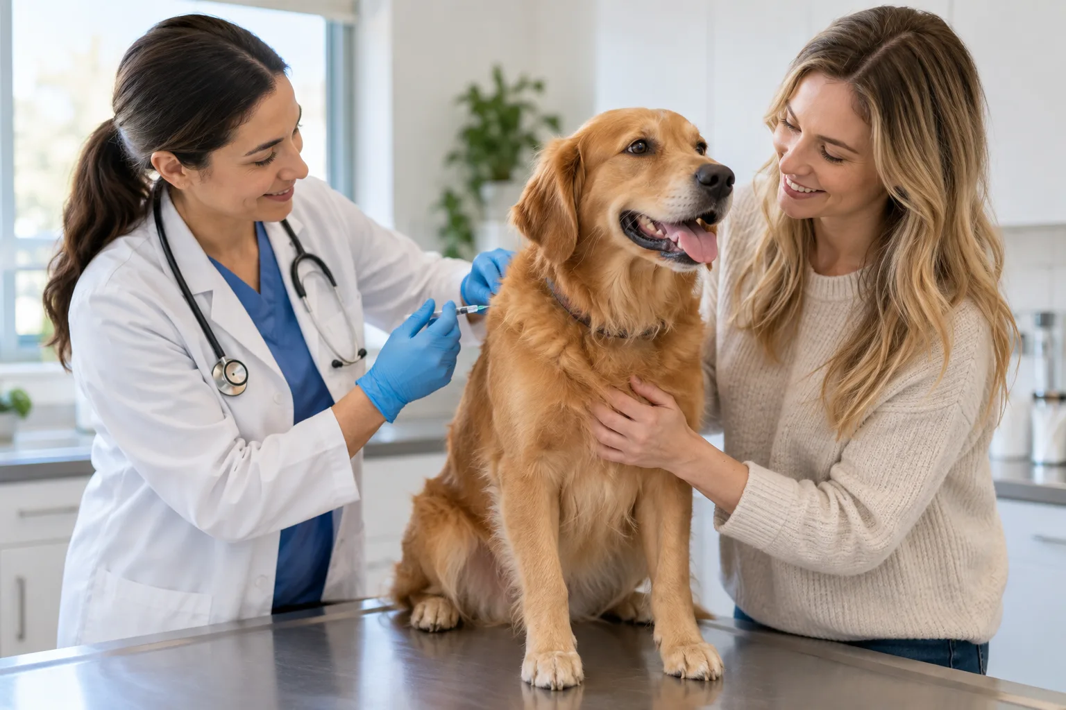 Veterinarian discussing a golden-colored dog with its owner